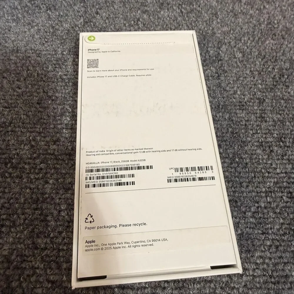 Apple IPhone 17 Black 256GB Empty Retail Box Only MG4G6LL/A A3258 Packaging